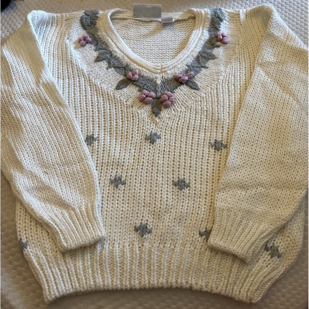 VTG Floral Sweater Acrylic Women's M Ivory 80s 90s Knit Donagain Size L EUC CT2